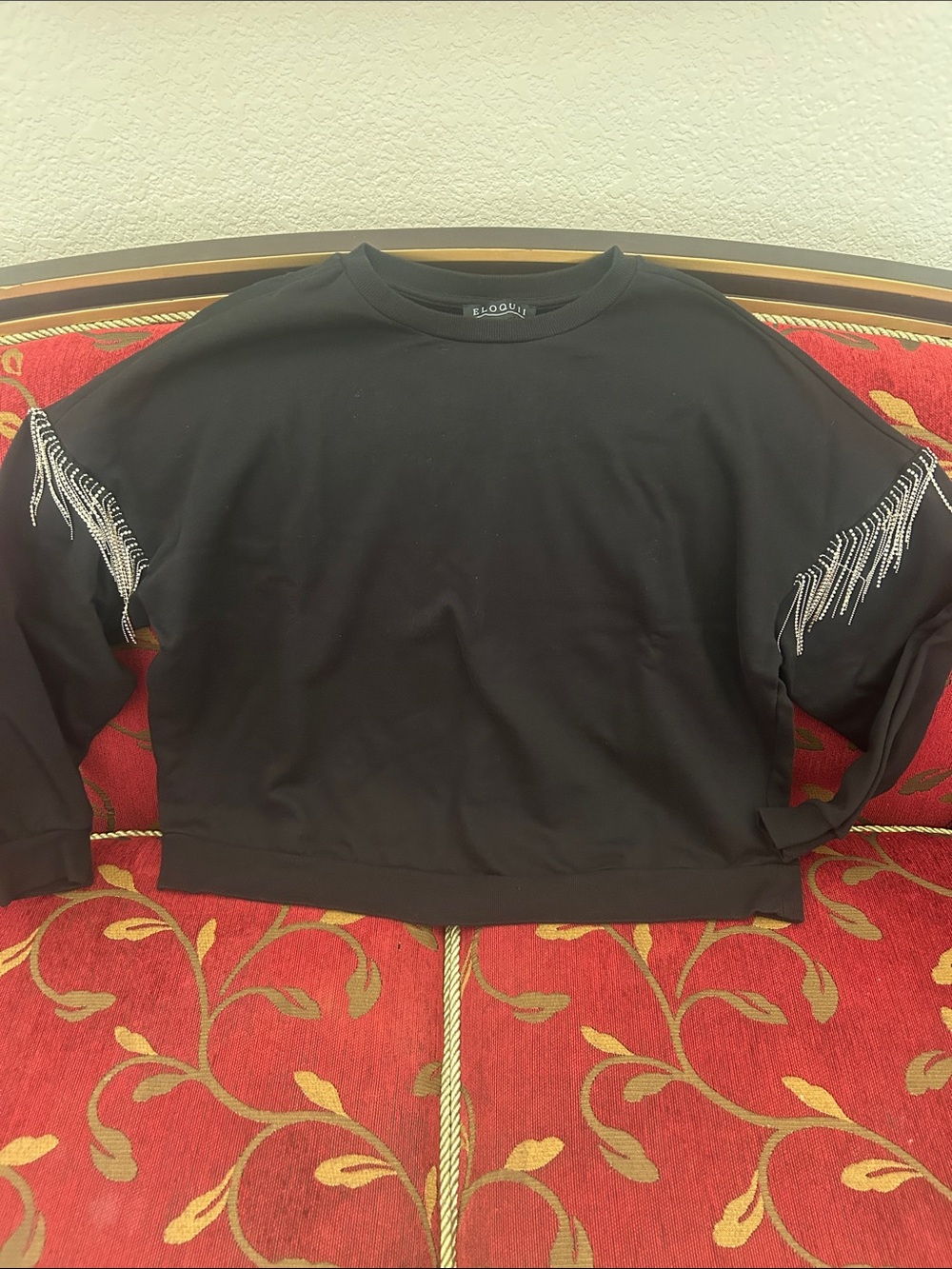 Eloquii Black Crew Neck Sweater with Silver Fringe Trim